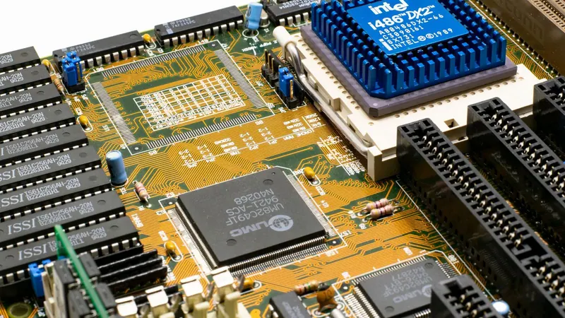 Материнская плата компьютера с разъемами PCIe и слотами M.2 крупным планом