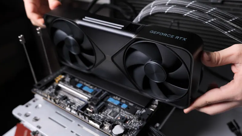 Видеокарта GeForce RTX 5090 на технологическом фоне